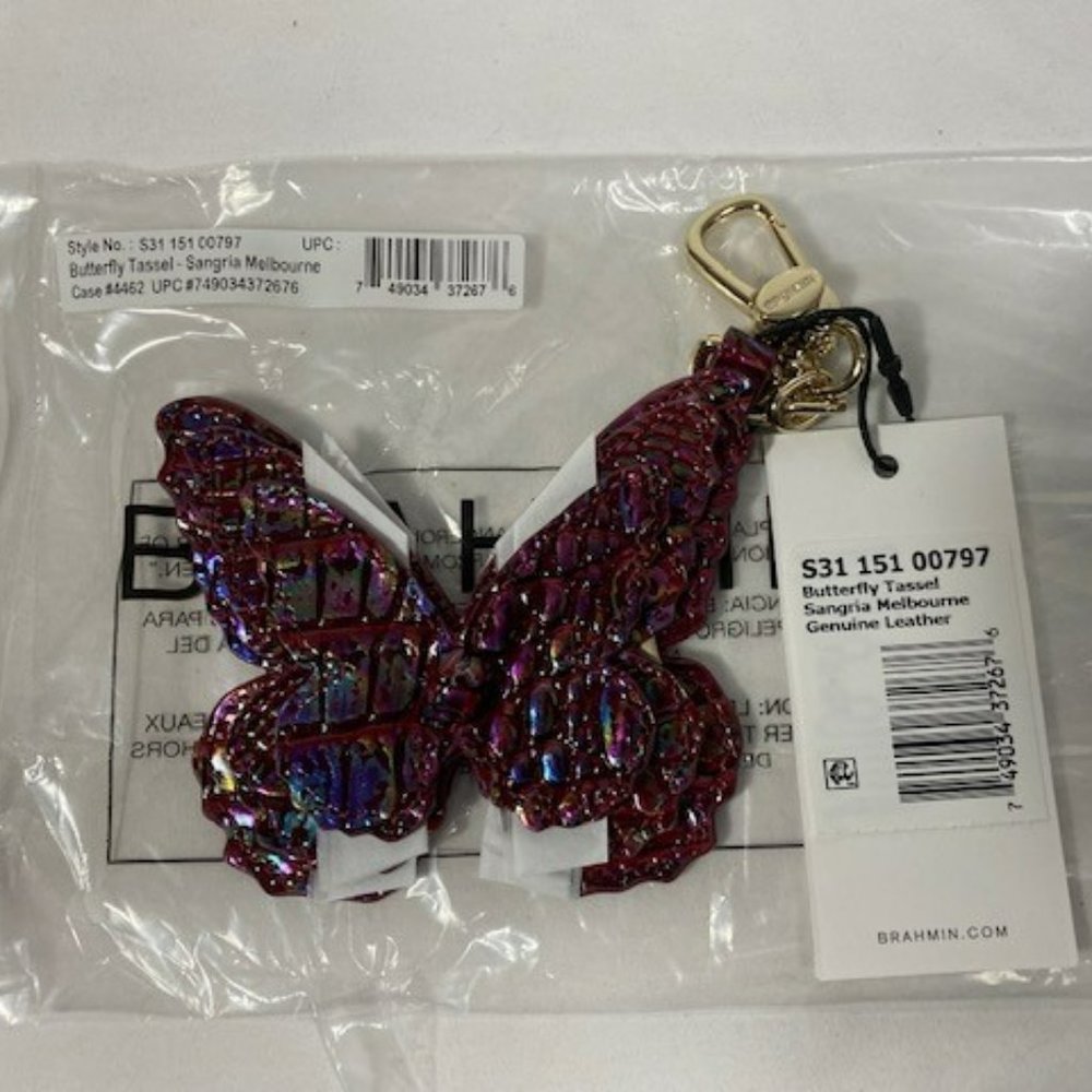 NWT BRAHMIN SANGRIA RED LEATHER BUTTERFLY TASSEL PURSE KEY CHAIN FOB BAG CHARM